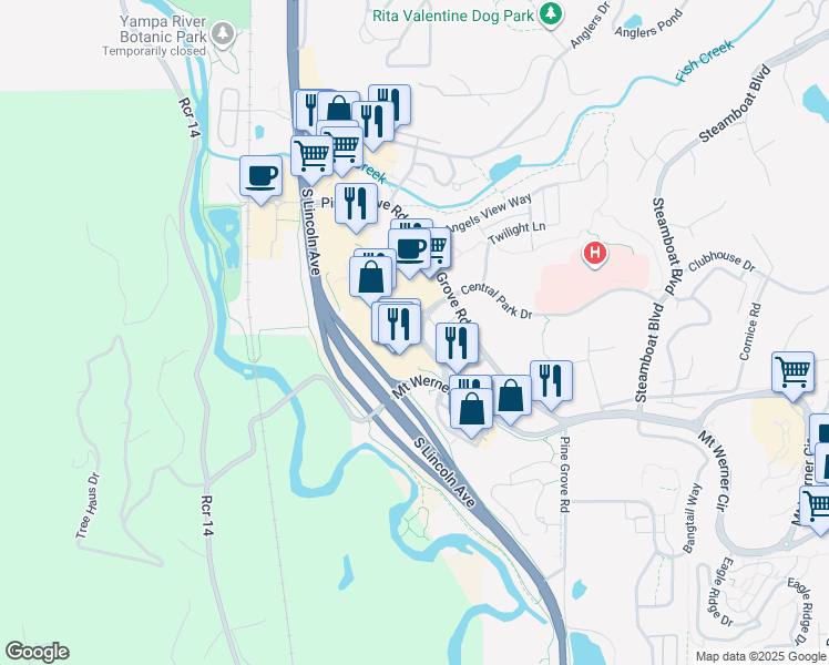 map of restaurants, bars, coffee shops, grocery stores, and more near 1915 Central Park Drive in Steamboat Springs