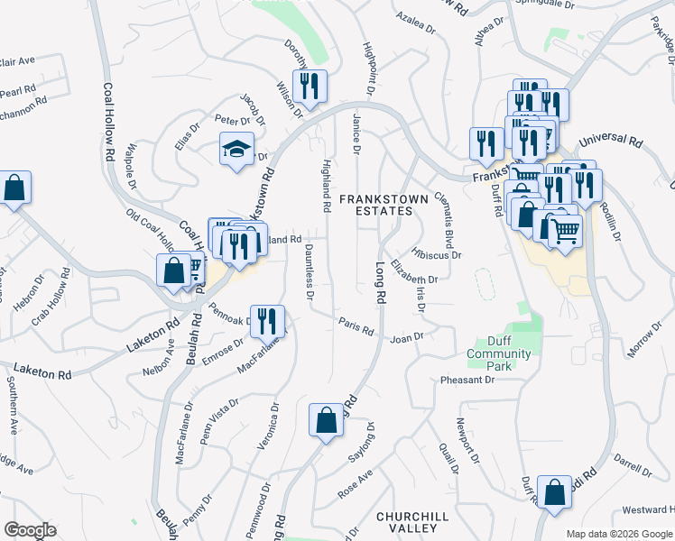 map of restaurants, bars, coffee shops, grocery stores, and more near 347 Highland Road in Pittsburgh