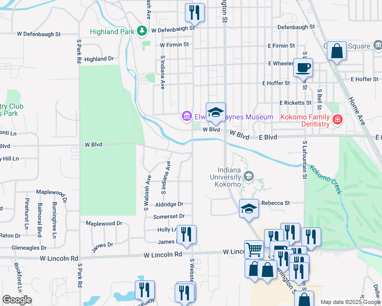 map of restaurants, bars, coffee shops, grocery stores, and more near 2201 South Courtland Avenue in Kokomo