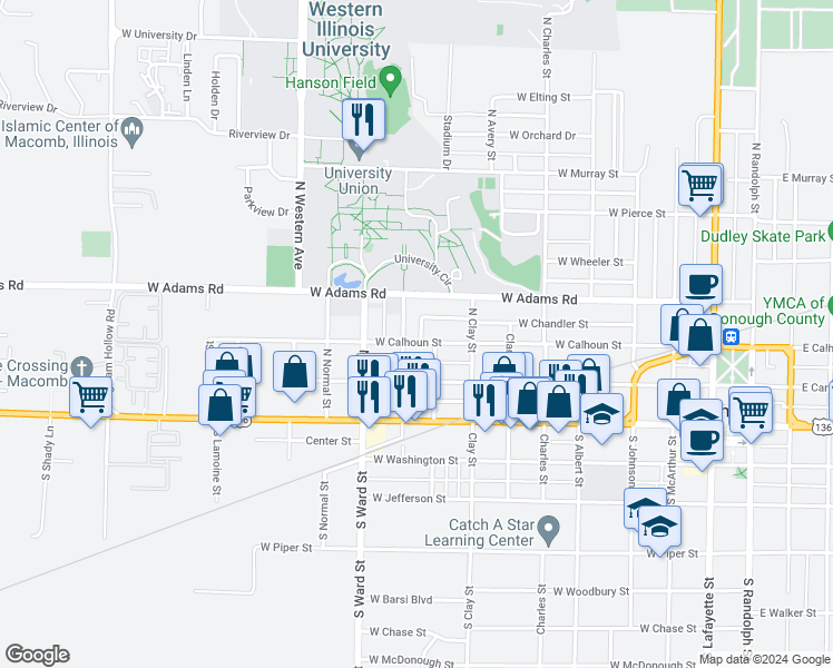 map of restaurants, bars, coffee shops, grocery stores, and more near 818 West Calhoun Street in Macomb