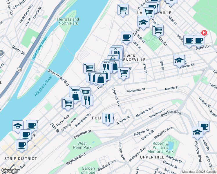 map of restaurants, bars, coffee shops, grocery stores, and more near 3223 Liberty Avenue in Pittsburgh