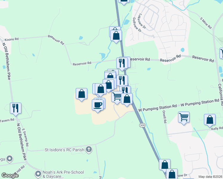 map of restaurants, bars, coffee shops, grocery stores, and more near 654 North West End Boulevard in Quakertown