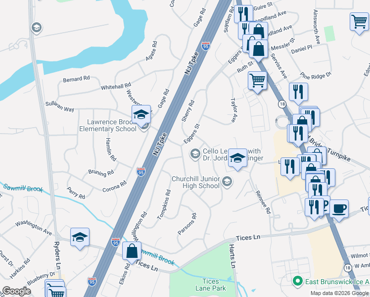 map of restaurants, bars, coffee shops, grocery stores, and more near 53 University Road in East Brunswick