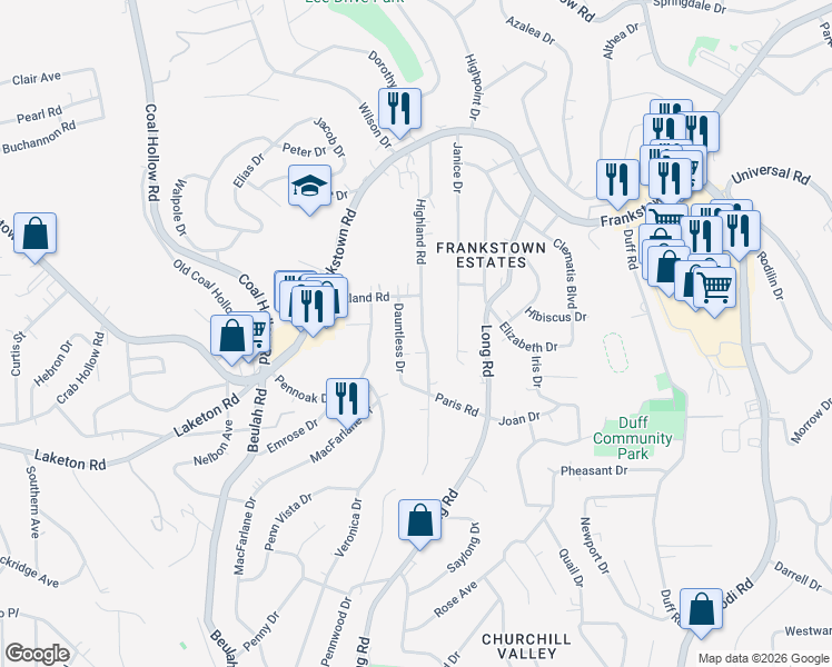 map of restaurants, bars, coffee shops, grocery stores, and more near 122 Dauntless Drive in Penn Hills