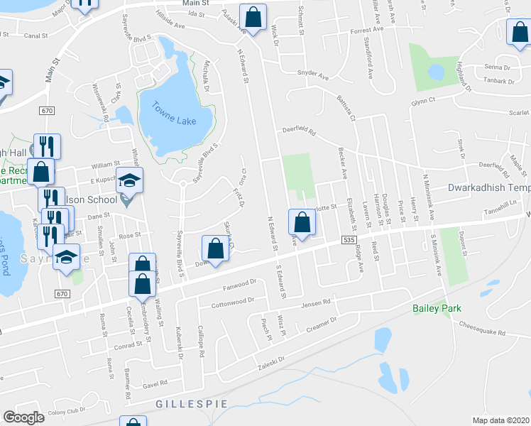 map of restaurants, bars, coffee shops, grocery stores, and more near 37 North Edward Street in Sayreville