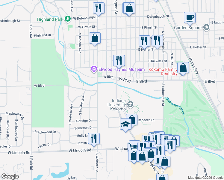 map of restaurants, bars, coffee shops, grocery stores, and more near 2227 South Washington Street in Kokomo