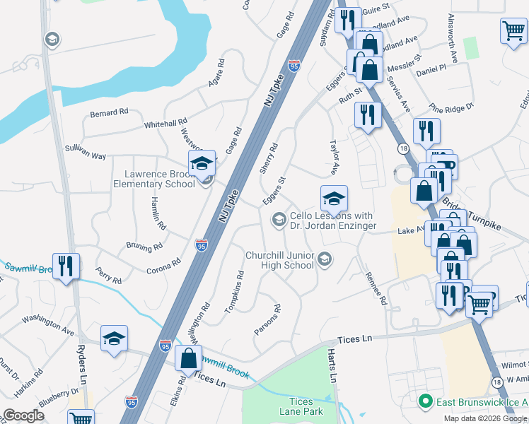 map of restaurants, bars, coffee shops, grocery stores, and more near 49 University Road in East Brunswick