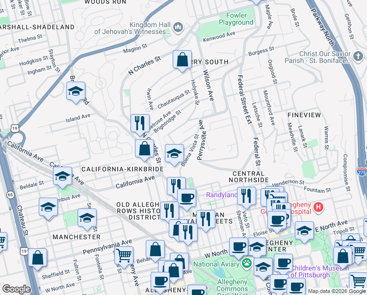map of restaurants, bars, coffee shops, grocery stores, and more near 1903 Buena Vista Street in Pittsburgh
