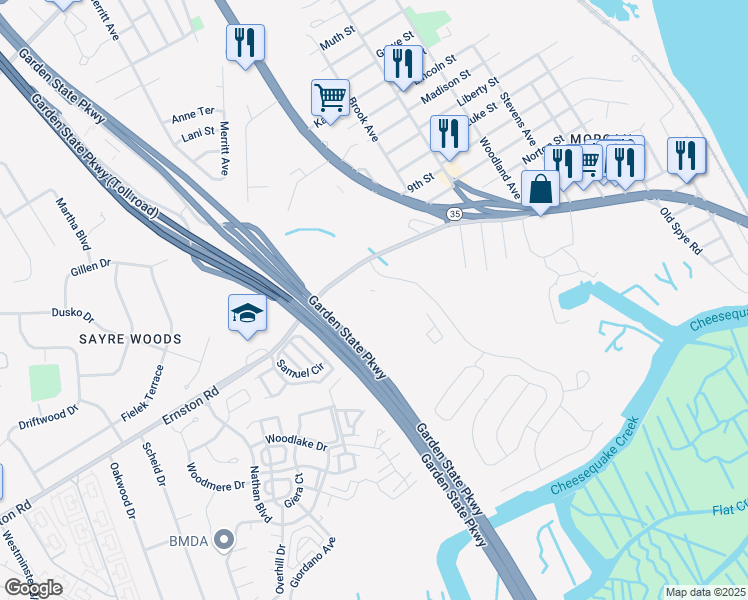 map of restaurants, bars, coffee shops, grocery stores, and more near 715 Sunshine Court in Sayreville