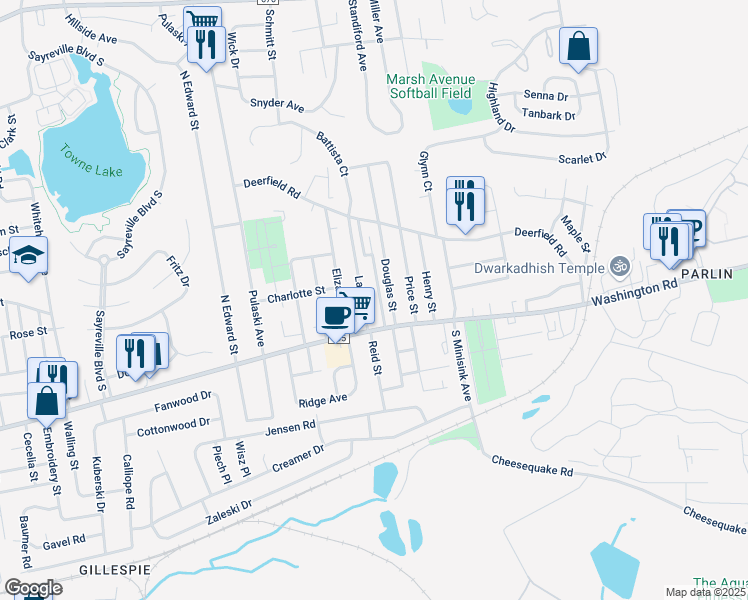 map of restaurants, bars, coffee shops, grocery stores, and more near 1 Harrison Street in Sayreville