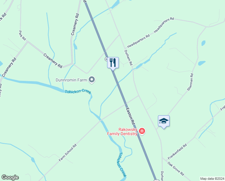 map of restaurants, bars, coffee shops, grocery stores, and more near 7650 Easton Road in Ottsville