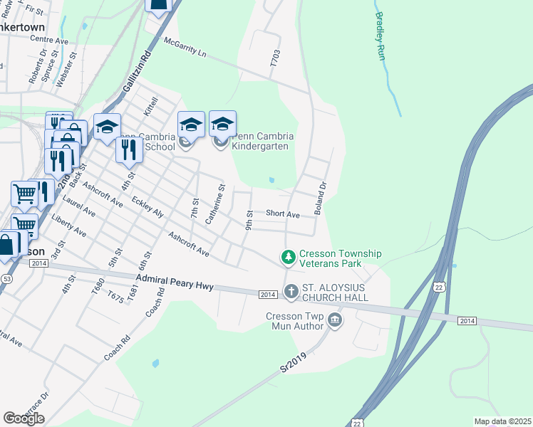 map of restaurants, bars, coffee shops, grocery stores, and more near 901-999 Powell Ave in Cresson