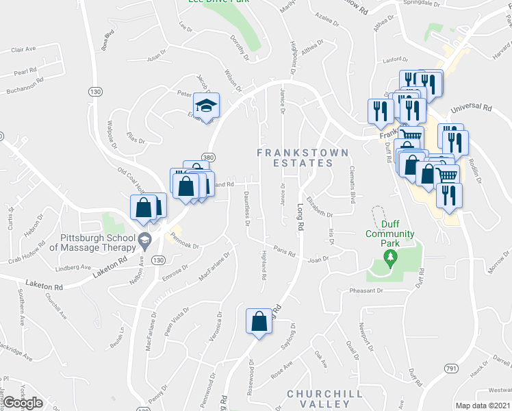 map of restaurants, bars, coffee shops, grocery stores, and more near 122 Dauntless Drive in Penn Hills