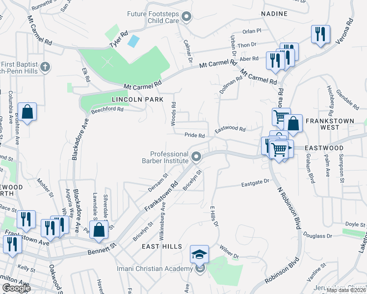 map of restaurants, bars, coffee shops, grocery stores, and more near 8608 Westwood Road in Pittsburgh