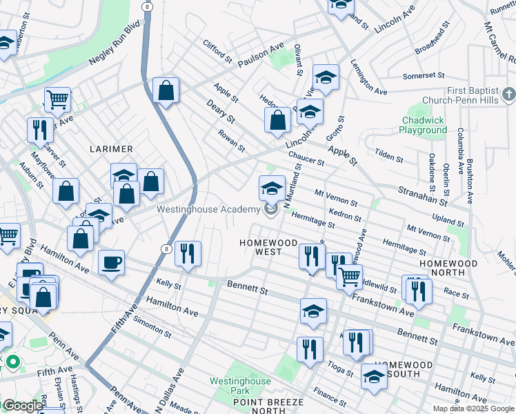 map of restaurants, bars, coffee shops, grocery stores, and more near 1101 North Murtland Street in Pittsburgh