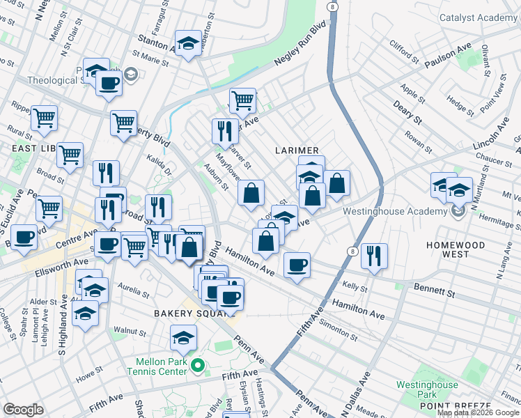 map of restaurants, bars, coffee shops, grocery stores, and more near 302 Mayflower Street in Pittsburgh