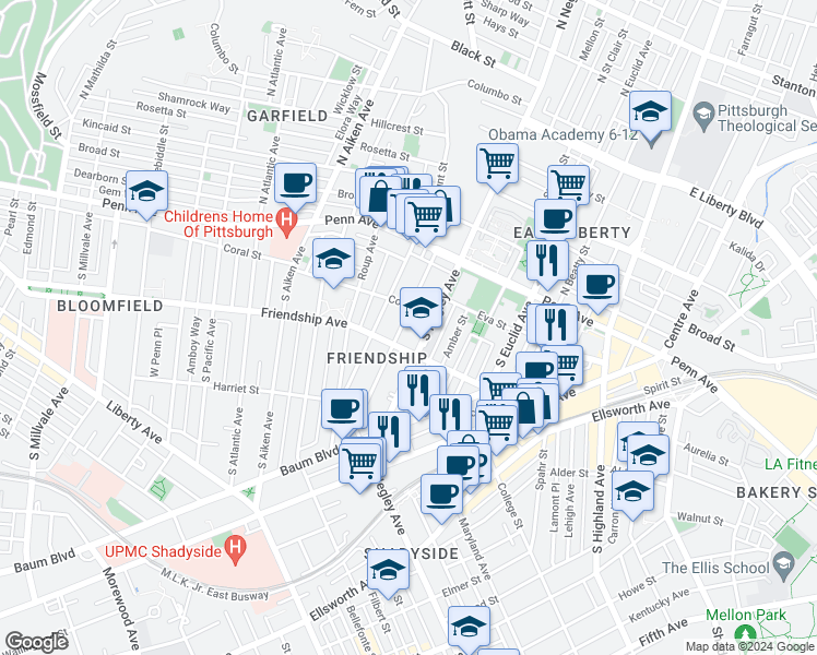 map of restaurants, bars, coffee shops, grocery stores, and more near 215 South Negley Avenue in Pittsburgh