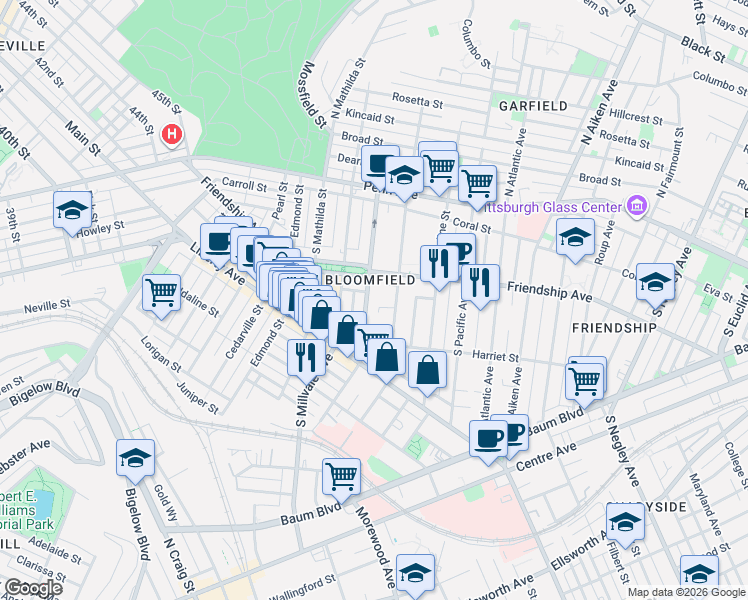 map of restaurants, bars, coffee shops, grocery stores, and more near 348 South Winebiddle Street in Pittsburgh