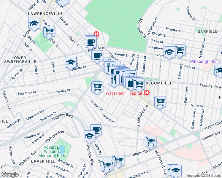 map of restaurants, bars, coffee shops, grocery stores, and more near 405 Sapphire Way in Pittsburgh
