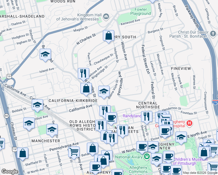 map of restaurants, bars, coffee shops, grocery stores, and more near 1903 Buena Vista Street in Pittsburgh