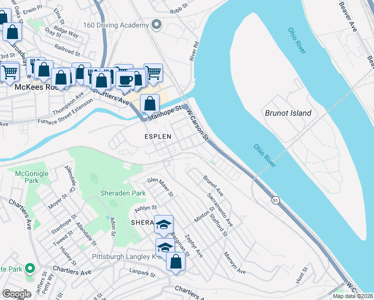 map of restaurants, bars, coffee shops, grocery stores, and more near 327 Stadium Street in Pittsburgh