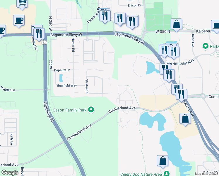 map of restaurants, bars, coffee shops, grocery stores, and more near 3050 Bluster Court in West Lafayette