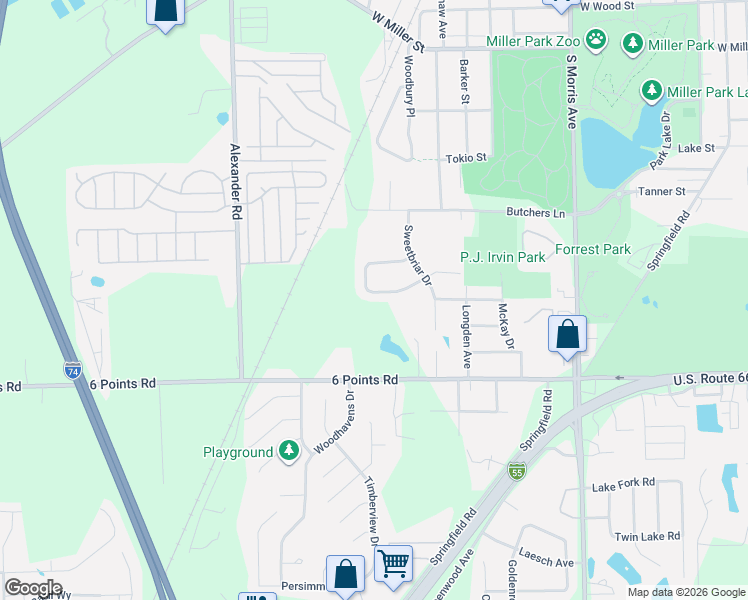 map of restaurants, bars, coffee shops, grocery stores, and more near 6 6 Points Road in Bloomington