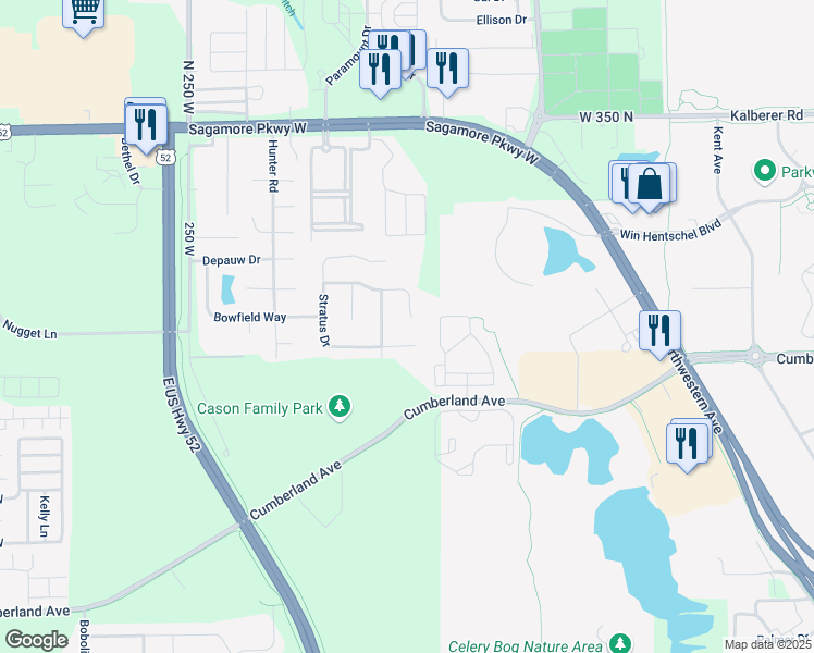 map of restaurants, bars, coffee shops, grocery stores, and more near 3050 Bluster Court in West Lafayette