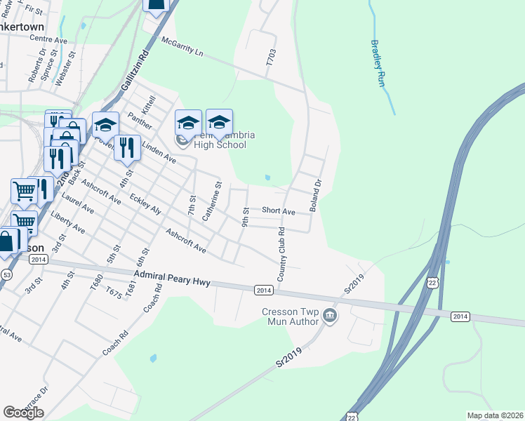 map of restaurants, bars, coffee shops, grocery stores, and more near 901-999 Powell Ave in Cresson
