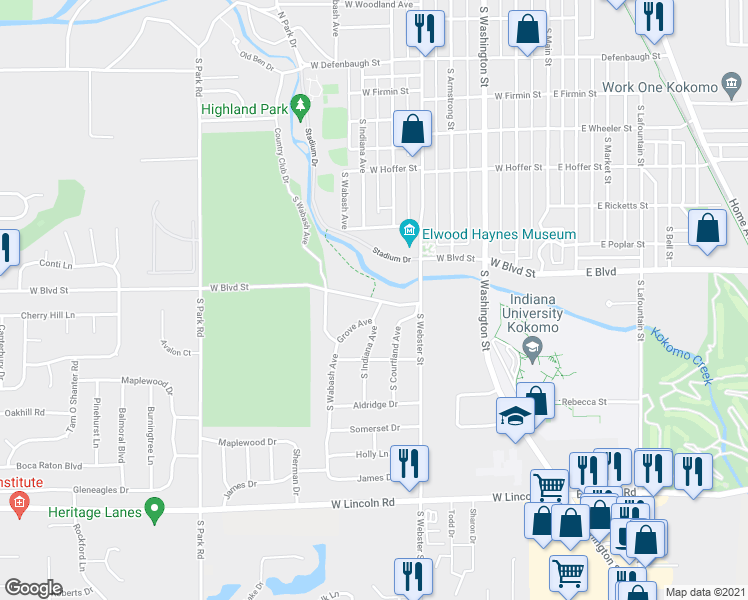 map of restaurants, bars, coffee shops, grocery stores, and more near 707 West Boulevard in Kokomo