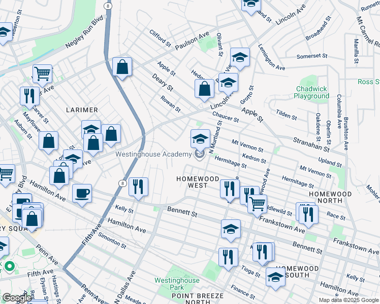 map of restaurants, bars, coffee shops, grocery stores, and more near 1101 North Murtland Street in Pittsburgh