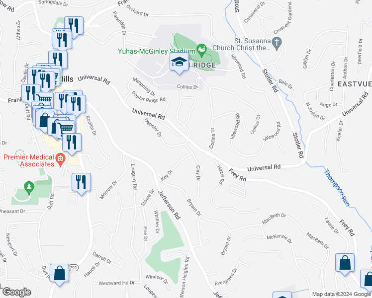 map of restaurants, bars, coffee shops, grocery stores, and more near 315 Clay Drive in Pittsburgh