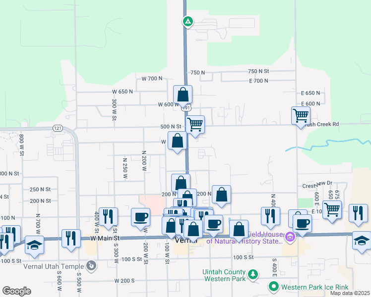 map of restaurants, bars, coffee shops, grocery stores, and more near 3 West 400 North in Vernal