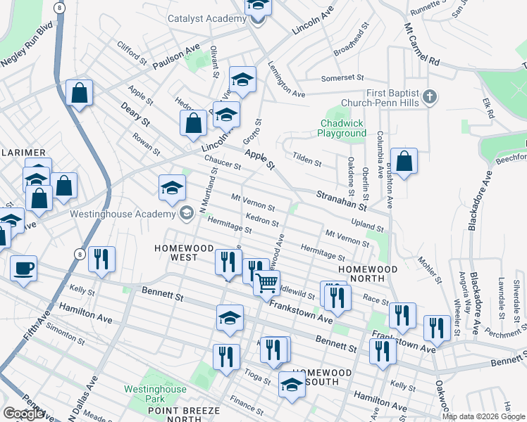 map of restaurants, bars, coffee shops, grocery stores, and more near 7140 Kedron Street in Pittsburgh