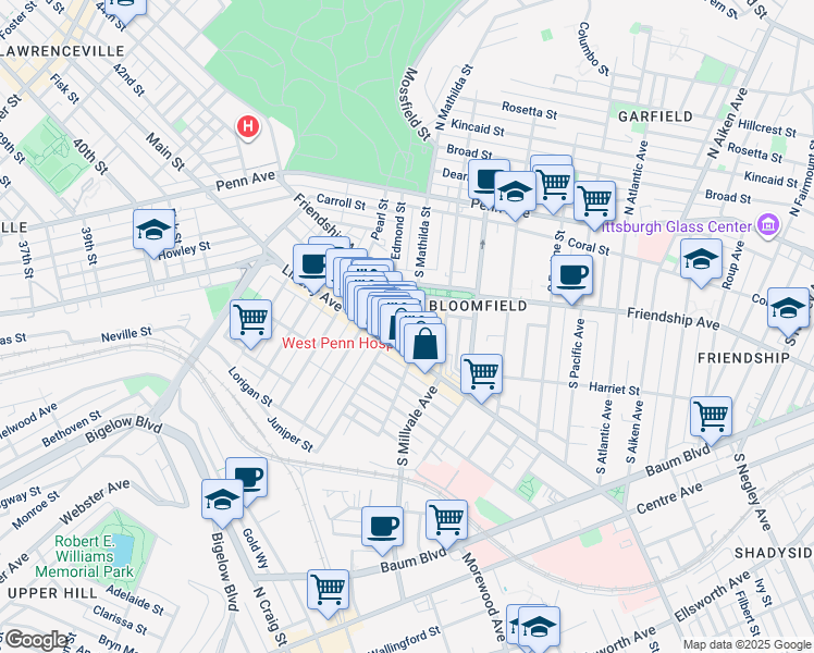 map of restaurants, bars, coffee shops, grocery stores, and more near 4800 Friendship Avenue in Pittsburgh