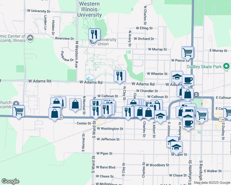 map of restaurants, bars, coffee shops, grocery stores, and more near 730 West Calhoun Street in Macomb