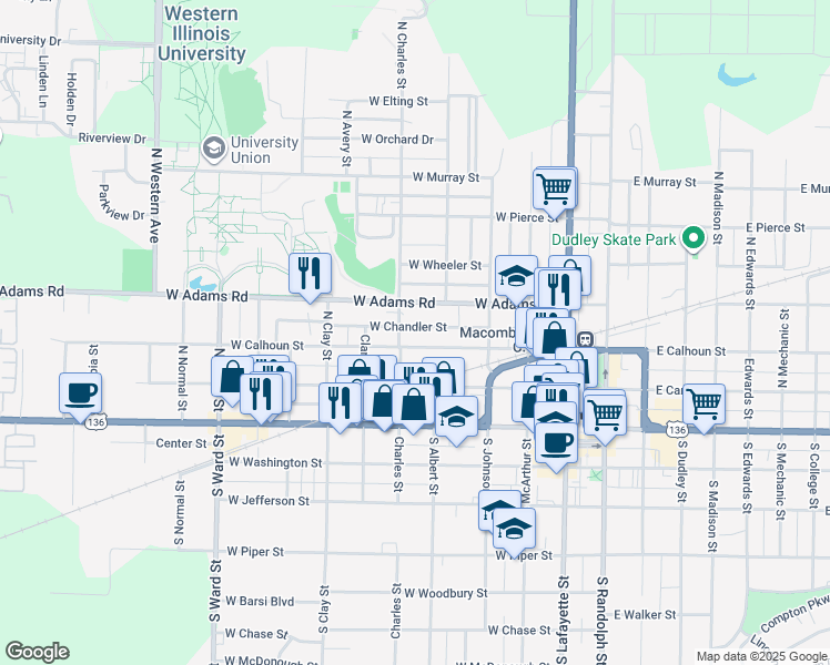 map of restaurants, bars, coffee shops, grocery stores, and more near 433 West Chandler Street in Macomb