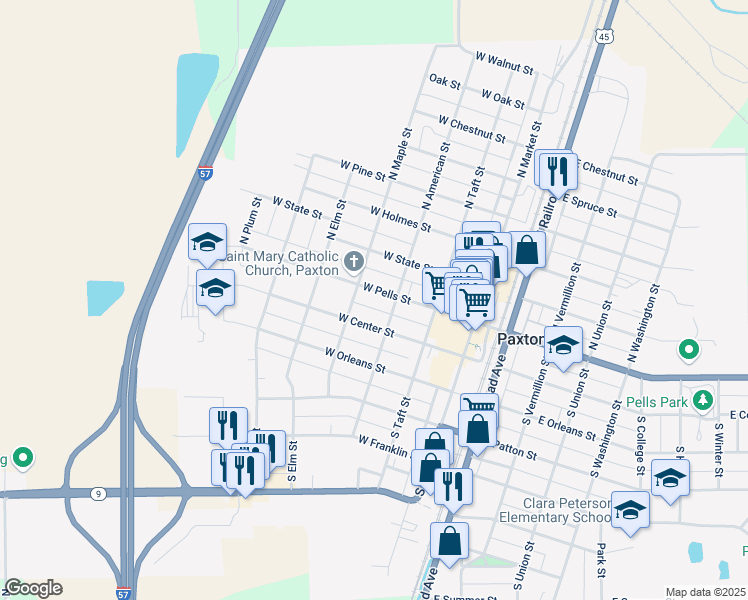 map of restaurants, bars, coffee shops, grocery stores, and more near 259 West Center Street in Paxton