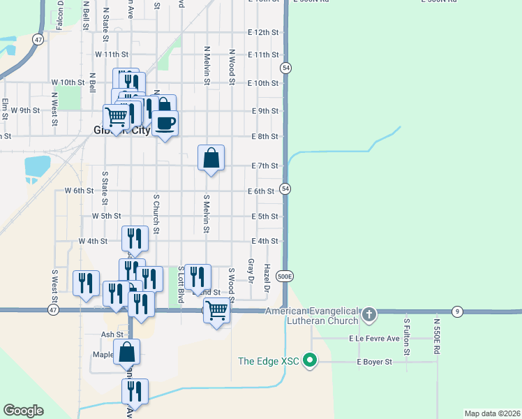 map of restaurants, bars, coffee shops, grocery stores, and more near 403 South Guthrie Street in Gibson City