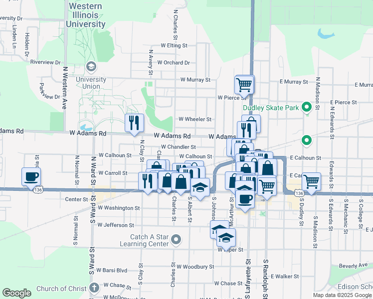 map of restaurants, bars, coffee shops, grocery stores, and more near 419 West Chandler Street in Macomb