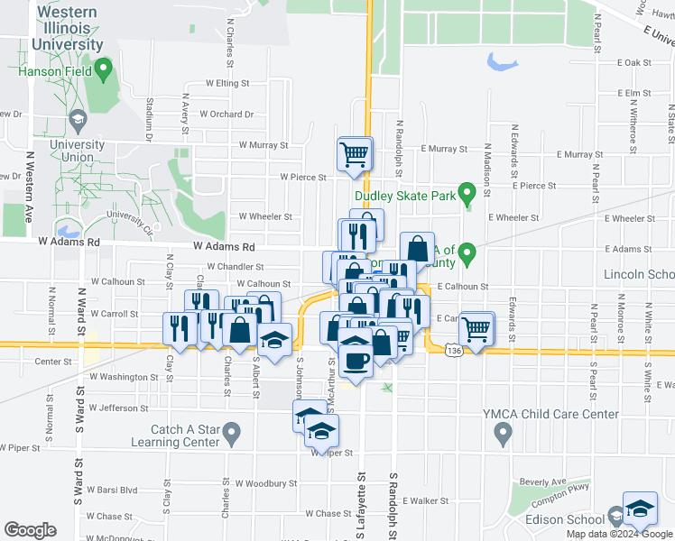 map of restaurants, bars, coffee shops, grocery stores, and more near 317 North McArthur Street in Macomb