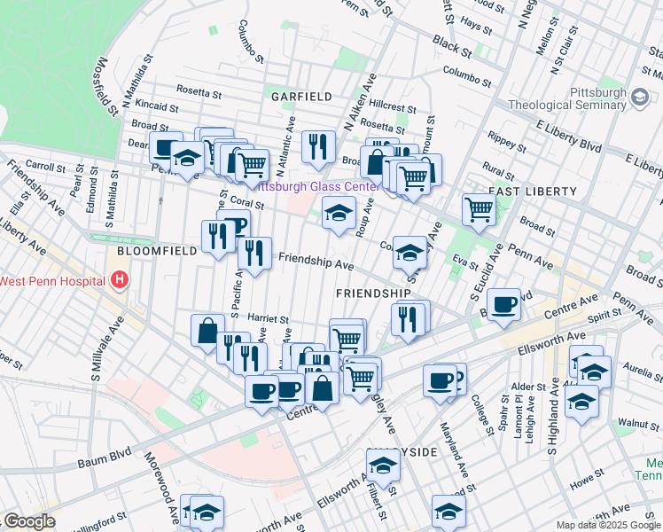map of restaurants, bars, coffee shops, grocery stores, and more near 326 South Graham Street in Pittsburgh
