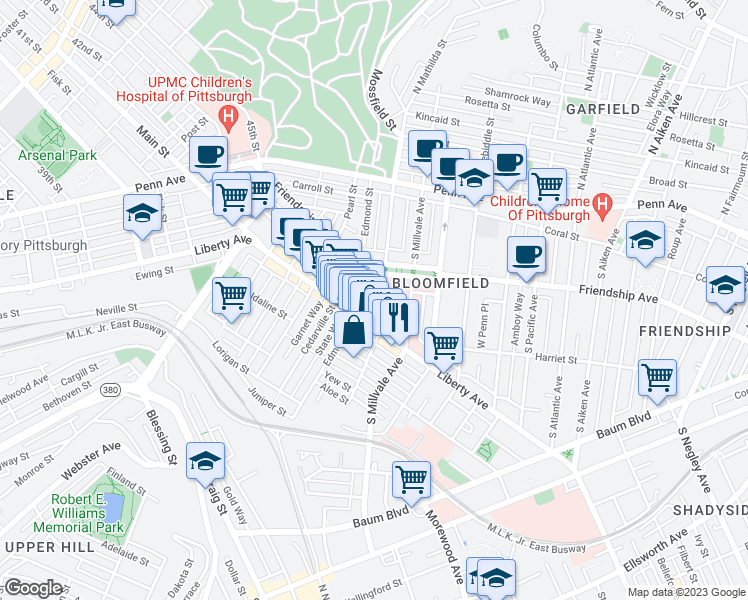 map of restaurants, bars, coffee shops, grocery stores, and more near 4800 Friendship Avenue in Pittsburgh