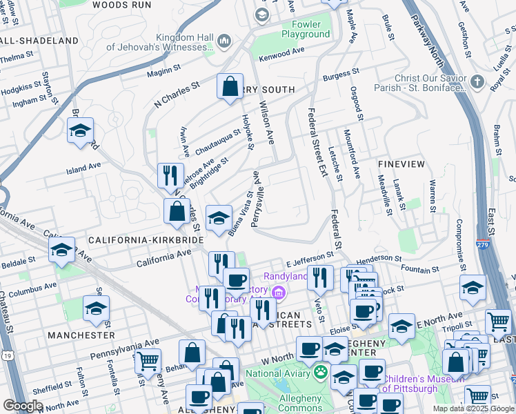map of restaurants, bars, coffee shops, grocery stores, and more near 1 University Avenue in Pittsburgh