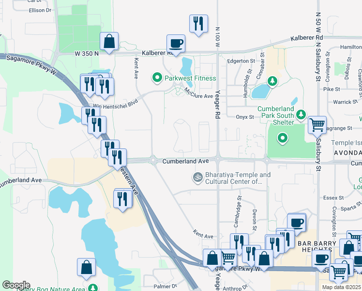 map of restaurants, bars, coffee shops, grocery stores, and more near 3005 Courthouse Drive West in West Lafayette
