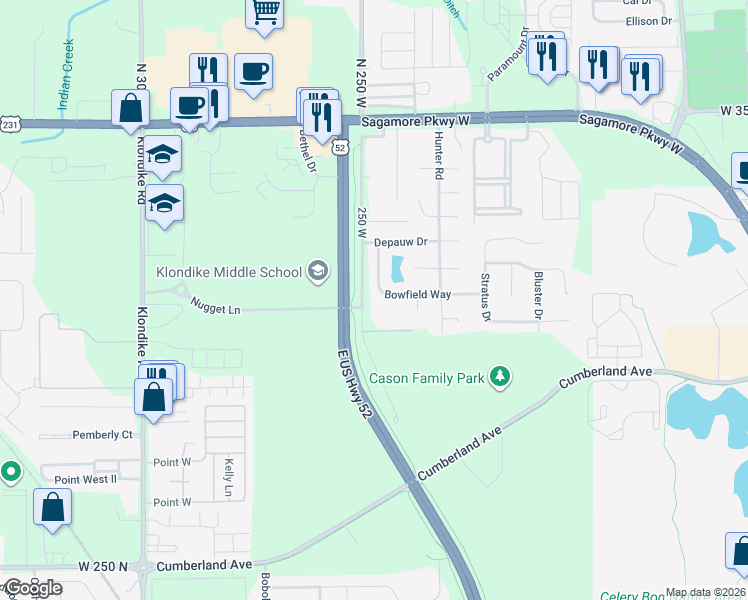 map of restaurants, bars, coffee shops, grocery stores, and more near 3051 McCormick Road in West Lafayette