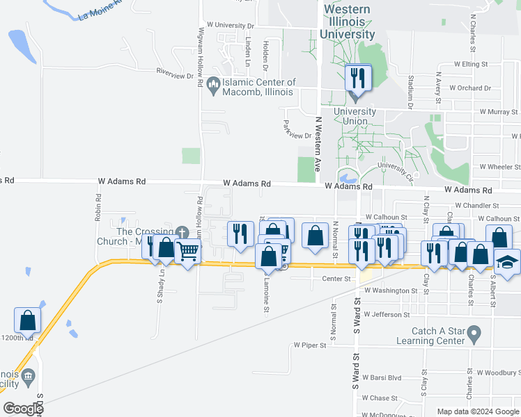 map of restaurants, bars, coffee shops, grocery stores, and more near 216 North Lamoine Street in Macomb