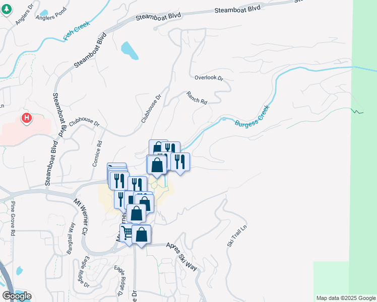 map of restaurants, bars, coffee shops, grocery stores, and more near 2135 Burgess Creek Road in Steamboat Springs