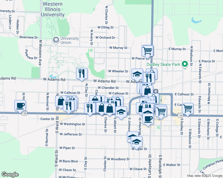 map of restaurants, bars, coffee shops, grocery stores, and more near 425 West Chandler Street in Macomb