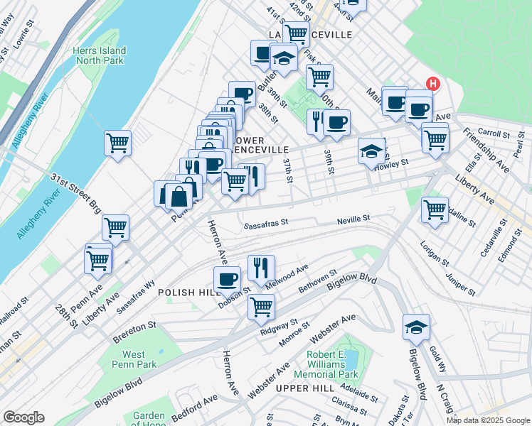 map of restaurants, bars, coffee shops, grocery stores, and more near 3400-3748 Sassafras Street in Pittsburgh